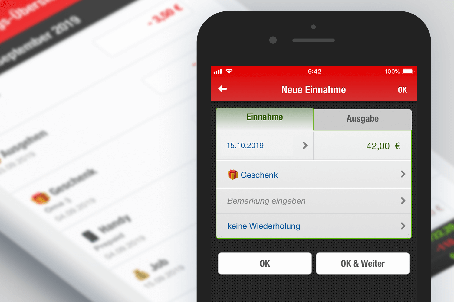 Screenshot: Einnahmen und Ausgaben lassen sich in der Finanzchecker-App ganz einfach eingeben.